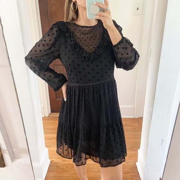 Zara Swiss Dot Tiered Ruffle Dress Size Medium Black - Picture 1 of 8